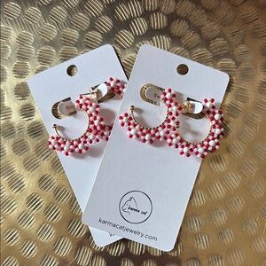 Red and White Beaded Hoop Earrings